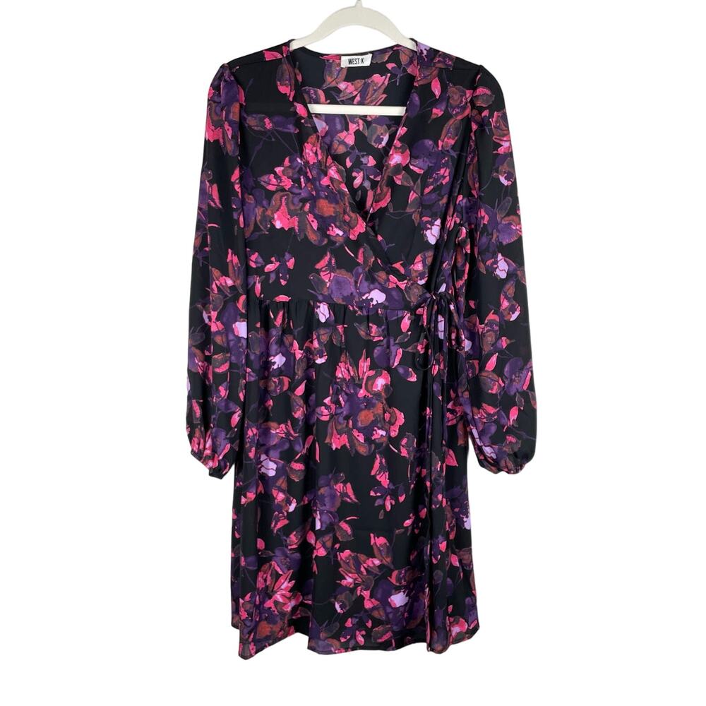 West K Floral Long Sleeve Wrap Dress In Purple Wine Size M Flouncy Hem V Neck